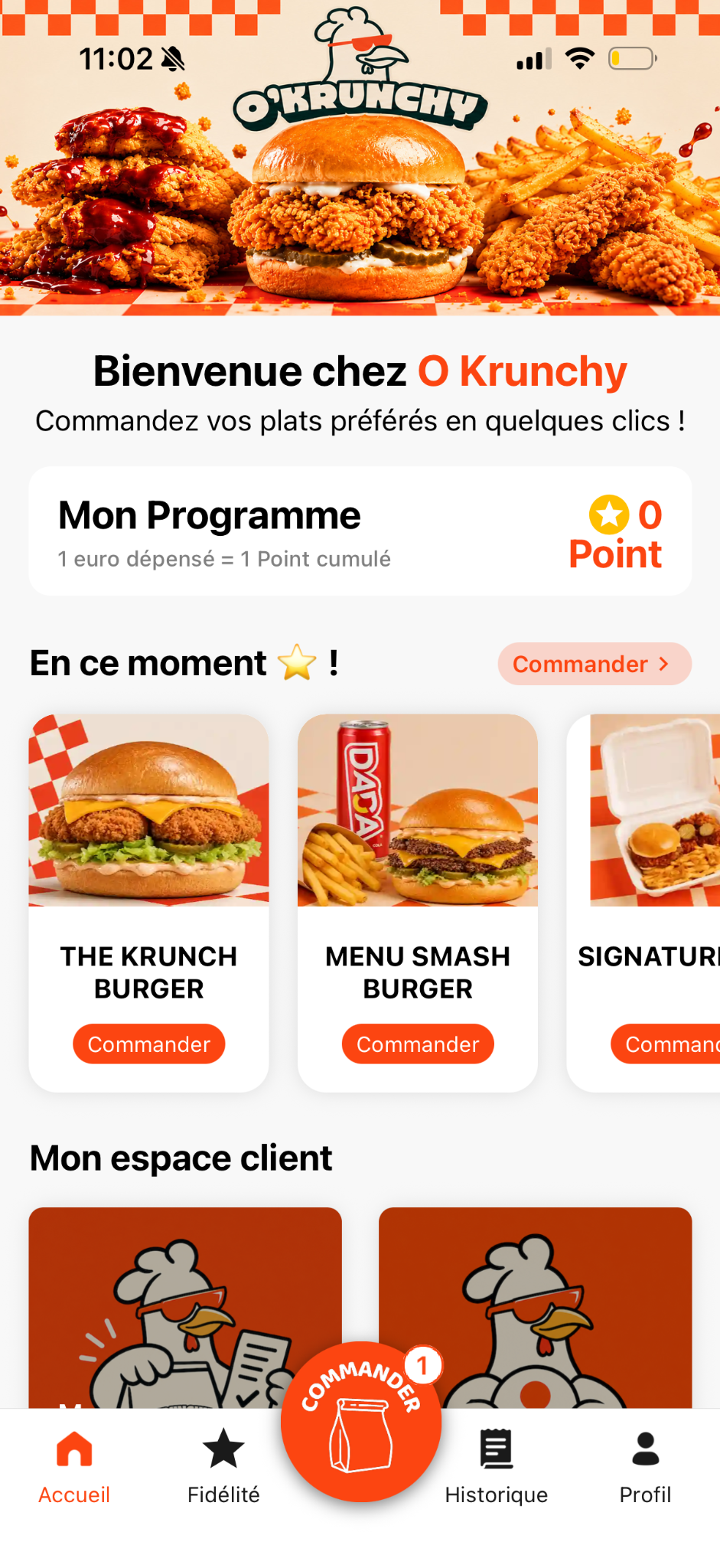 Accueil de l’application O’KRUNCHY et programme de fidélité