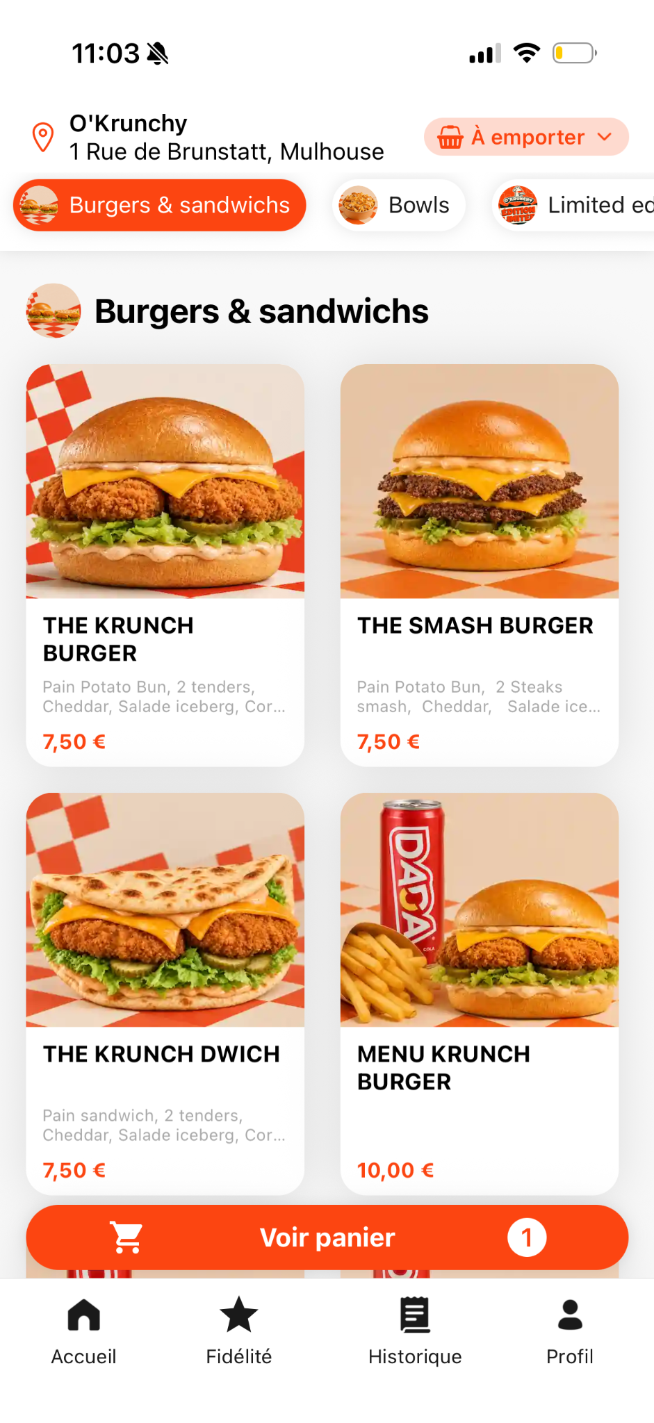 Carte des burgers et sandwiches dans l’application O’KRUNCHY